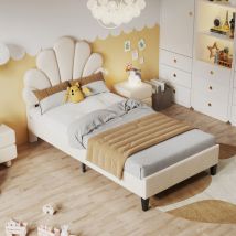 Einzelbett 90 X 200 Cm, Gepolstertes Einzelbett Mit Lattenrost, Kopfteil In Blütenform, Metallfüße, Samtbezug, Prinzessinnenbett - Beige