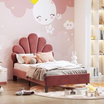 Einzelbett 90 X 200 Cm, Gepolstertes Einzelbett Mit Lattenrost, Kopfteil In Blütenform, Metallfüße, Samtbezug, Prinzessinnenbett - Rosa