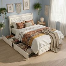 Doppelbett 140x190 Cm Aus Samt Beige, Mit 4 Schubladen, Lattenrost Aus Holz, Kopfteil Mit Led-beleuchtung Und Usb-anschluss, Dekoriert Mit Nieten