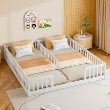 Einzelbett 90x200 Cm, 2 Plätze, Mit Sicherheitszaun, Metallrahmen, Ohne Lattenrost, Kindertagesbett Aus Holz – Weiß