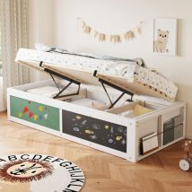 Einzelbett 90x200 Cm Aus Holz Mit Stauraum Und Schwarzer Tafel, Lattenrost, Montage Links/rechts, Bett Ohne Kopfteil - Weiß