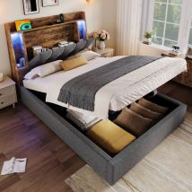 Einzelbett 90x200cm, Ausklappbarer Stauraum, Kopfteil Mit Ablagen, Usb-anschlüsse, Led-beleuchtung, Leinenstoff, Mdf, Grau (matratze Nicht Enthalten)