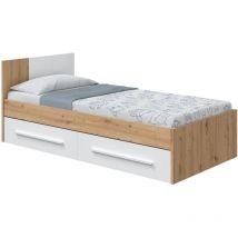 Einzelbett Anaheim, Einzelcontainerbett mit Kopfteil, Bettrahmen mit 2 Schubladen für Schlafzimmer, cm 196x97h77, Geknotete Eiche und Weiß