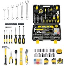 Caisse à Outil complete 108 Pièces - Boite à Outils ménagers, Malette outils avec jeu de Tournevis, Marteau, Pinces et Clé à Douille à Cliquet, pour