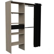 Dressing avec rideau artic - Chene et noir - 1 colonne + 2 penderies + 1 tiroir Ekipa