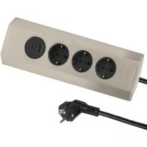62514 Multipresa da cucina in acciaio inox, fissabile a muro con 3 prese tedesche Schuko + 2 usb (1 tipo a e 1 tipo c) 3.1A 15.5W, Cavo 2M H05VV-F