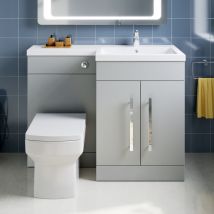 1100mm l Shape Bathroom Vanity Sink Unit Furniture Storage,Right Hand Matte Grey Vanity unit + Basin + Ceramic Square Toilet with Concealed Cistern