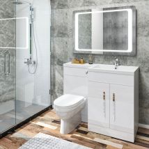 Elegant - 1100mm l Shape Right Hand Bathroom Vanity Sink Unit Furniture Storage,High Gloss White Vanity unit + Basin + Ceramic d shaped Toilet with