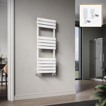 Elegant - 1200 x 450mm Heated Towel Rail White Flat Panel Design Tower Hanger, Modern Bathroom Radiator, Wall Mounted Ladder + White Thermostatic
