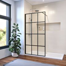 1200mm Black Square Frame Walk in Shower Cubicle 8mm Tempered Glass Screen Panel Shower Enclosure + 1600x700mm Shower Base Tray and Free Trap Include