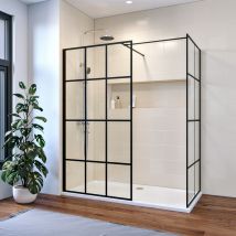 1200mm Walk in Shower Cubicle 800mm Side Glass Panel 8mm Tempered Glass Black Matt Shower Enclosure 1600x800mm Shower Base Tray and Free Waste Trap