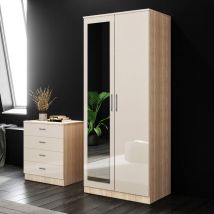 Elegant - Soft Close 2 Door Wardrobe High Gloss with Mirror Cream/Oak 1780x760x450mm Bedroom Furniture