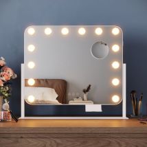 Elegant 360°Rotation Hollywood Vanity Mirror 50x40 cm with 14 Dimmable led Bulbs Makeup Mirror with 10X Magnification 3 Color Modes, usb Charging Port