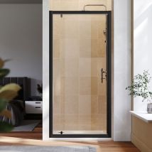 700mm Black Frame Pivot Shower Door Enclosure Reversible Bathroom Wet Room, 1200x700mm Shower Tray, Waste Trap - Elegant