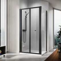 860 x 700mm Bi-Fold Shower Enclosure Matt Black Frame Folding Glass Cubicle Door + Side Panel - Elegant