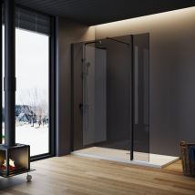 Grey Shower Door 760mm with Black Flipper Panel Walk in Glass Bathroom Shower Enclosure Include Support Bar + Shower Tray 1100x900mm + Free Waste