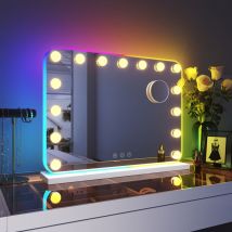 Elegant Hollywood rgb Lights Vanity Mirror 58x43 cm Makeup Mirror with 15 led Bulbs and 10X Magnifying Glass for Dressing Table Touchscreen 3 Color
