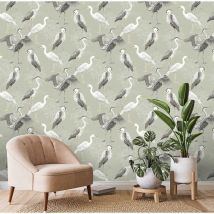 Design Library Sage Green Stork Heron Natural Birds Nature Wallpaper - Rasch