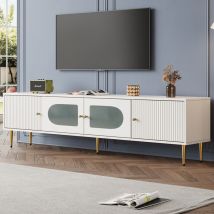 Okwish - légant meuble tv 1703550 cm - corps blanc avec pieds et poignées dorés, 2 portes avec rainures verticales, 2 portes avec verre courbé,