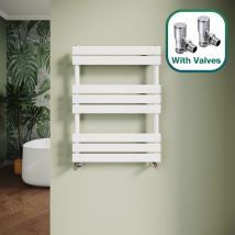 Elegant - Modern Central Heating Towel Radiator Bathroom Flat Panel Heated Towel Rail 800x600mm White + Angled Radiator Valves
