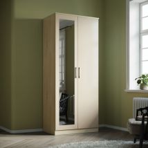 Wardrobe Storage 2 Doors High Gloss with Mirror Include Metal Handles and Removable Hanging Rod, Beige - Elegant