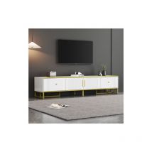 Minkurow - Elegante mobile tv bianco, 180x40x40 cm, con finiture dorate, 2 ante, 2 cassetti, piedini regolabili e gestione dei cavi - ideale per tv