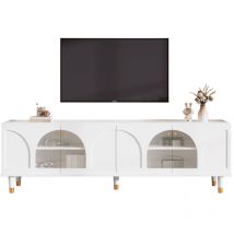 Okwish - Elegante mobile tv bianco con ante in vetro curvato scanalato, 4 ante - 173 x 38 x 59 cm - Design moderno