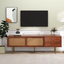 Okwish - Elegante mobile tv con ante scorrevoli in rattan e pratici cassetti, noce con rattan in plastica scura, 2 cassetti, 2 ante scorrevoli in