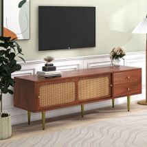 Neche - Elegante mueble de tv con puertas de ratán, 2 cajones + 2 puertas correderas + 4 compartimentos para almacenaje, 160x40x60cm, color nogal