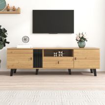 Elegante mueble de tv en madera y negro, Mueble bajo con 1 cajón, Múltiples funciones de almacenaje, Diseño único, 170L x 40W x 50.5H cm