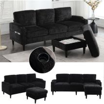 Neche - Elegante sofá de 4 plazas en tela chenilla con otomana y espacio de almacenamiento, portavasos, tapizado de terciopelo,negro