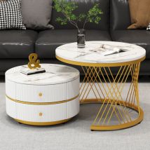 Elegantes 2-teiliges weißes Nest-Couchtisch-Set, 60 x 60 x 46 cm und 50 x 50 x 30,8 cm, runde Tische mit glänzender Marmoroptik, 2 Schubladen,