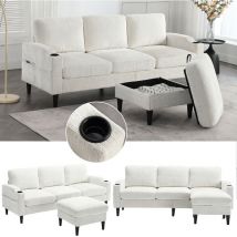Elegantes 4-sitzer-sofa Aus Chenille-stoff Mit Ottomane Und Stauraum, Getränkehalter, Samtpolsterung, Beige