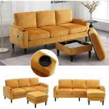 Elegantes 4-sitzer-sofa Aus Chenille-stoff Mit Ottomane Und Stauraum, Getränkehalter, Samtpolsterung, Gelb