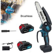 Elektrische Kettensägen, 6-Zoll-Mini-Akku-Bürstenlose Kettensäge, tragbare Kettensäge zum Astschneiden, + 2 x 3,0-A-Akkus + Ladegerät, kompatibel mit