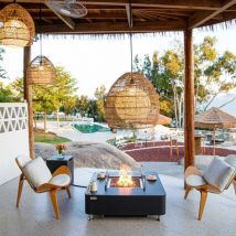 Elementi - Brasero à gaz copenhagen-set pour extérieur, mobilier de jardin en béton gfrc, plateau de table en porcelaine aspect marbre noir L107 x