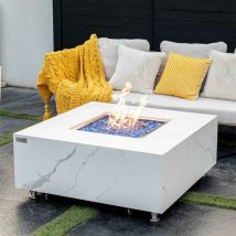 Brasero bianco Brasero au gaz de table pour l'extérieur, mobilier de jardin en porcelaine aspect marbre blanc, carré L100 x l100 x H43 cm - Elementi