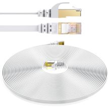 Cat7 Cable Reseau Ethernet avec Connecteurs RJ45,Cable Plat, 4 Paires Torsadee Blindee, Haut De(0.25m, Blanc) - Elfcam