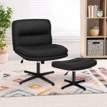 Elfordson - Armless Office Chair with Ottoman, Wide Seat Criss Cross-legged Desk Chairs No Wheels, Mid-back, Linen, Black