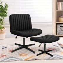 Elfordson - Cross Legged Office Chair with Ottoman, Wide Seat Armless Desk Chairs No Wheels Mid-back, Linen, Black