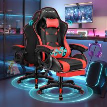 Elfordson - Gaming Office Chair Lumbar Massage with Footrest, Red & Black