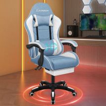 Elfordson - Gaming Chair with 2-Point Massage Lumbar Cushion Fabric, Blue, 150° Reclining, 360° Swivel