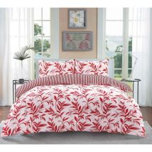 Homespace Direct - Ellie Red Watercolour Leaves Duvet Cover Set Striped Reverse Fully Reversible Bedding - King