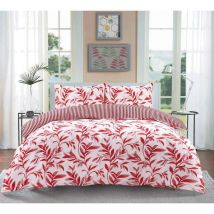 Homespace Direct - Ellie Red Watercolour Leaves Duvet Cover Set Striped Reverse Fully Reversible Bedding - Single - Red