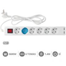 Embase Multiple 6T + 2 USB + Interne (3x1.5mm) 1,4M Blanc