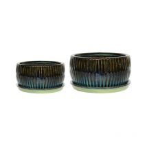 Ivyline - Round Reactive Glaze Bonsai Planter Set of 2 - Cement - L24.5 x W24.5 x H12 cm - Emerald