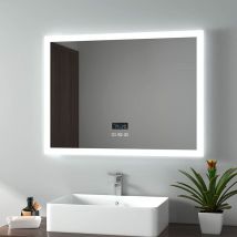 Backlit Illuminated Bluetooth Bathroom Mirror with Shaver Socket, 800x600mm Bathroom Mirror with Fuse, Demister, Clock - Emke