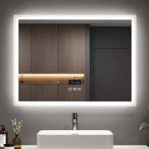 Backlit Illuminated Bluetooth Bathroom Mirror with Shaver Socket, 800x600mm Bathroom Mirror with Fuse, Demister, Clock - Emke