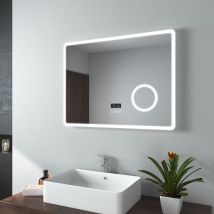 Badspiegel mit Beleuchtung led Badezimmerspiegel 80x60cm mit Touch-Schalter, Beschlagfrei, Bluetooth, Uhr, 3-fach Lupe, 3 Lichtfarbe, Dimmbar - Emke