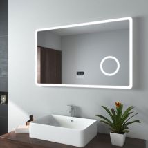 Emke - Badspiegel mit Beleuchtung led Badezimmerspiegel 100x60cm mit Touch-Schalter, Beschlagfrei, Bluetooth, Uhr, 3-fach Lupe, 3 Lichtfarbe, Dimmbar